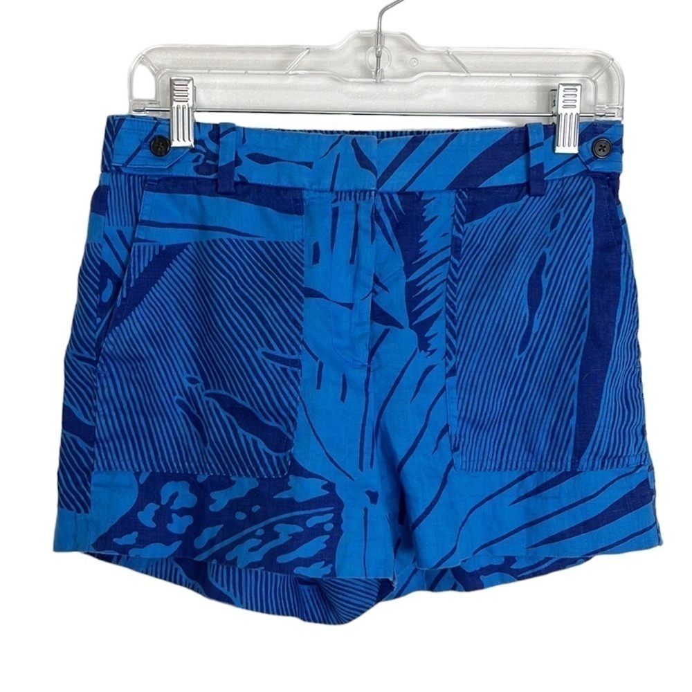 J. Crew 100% Linen Shorts Women's‎ 2 Blue Geometric Print Inseam 3" Pockets Zip